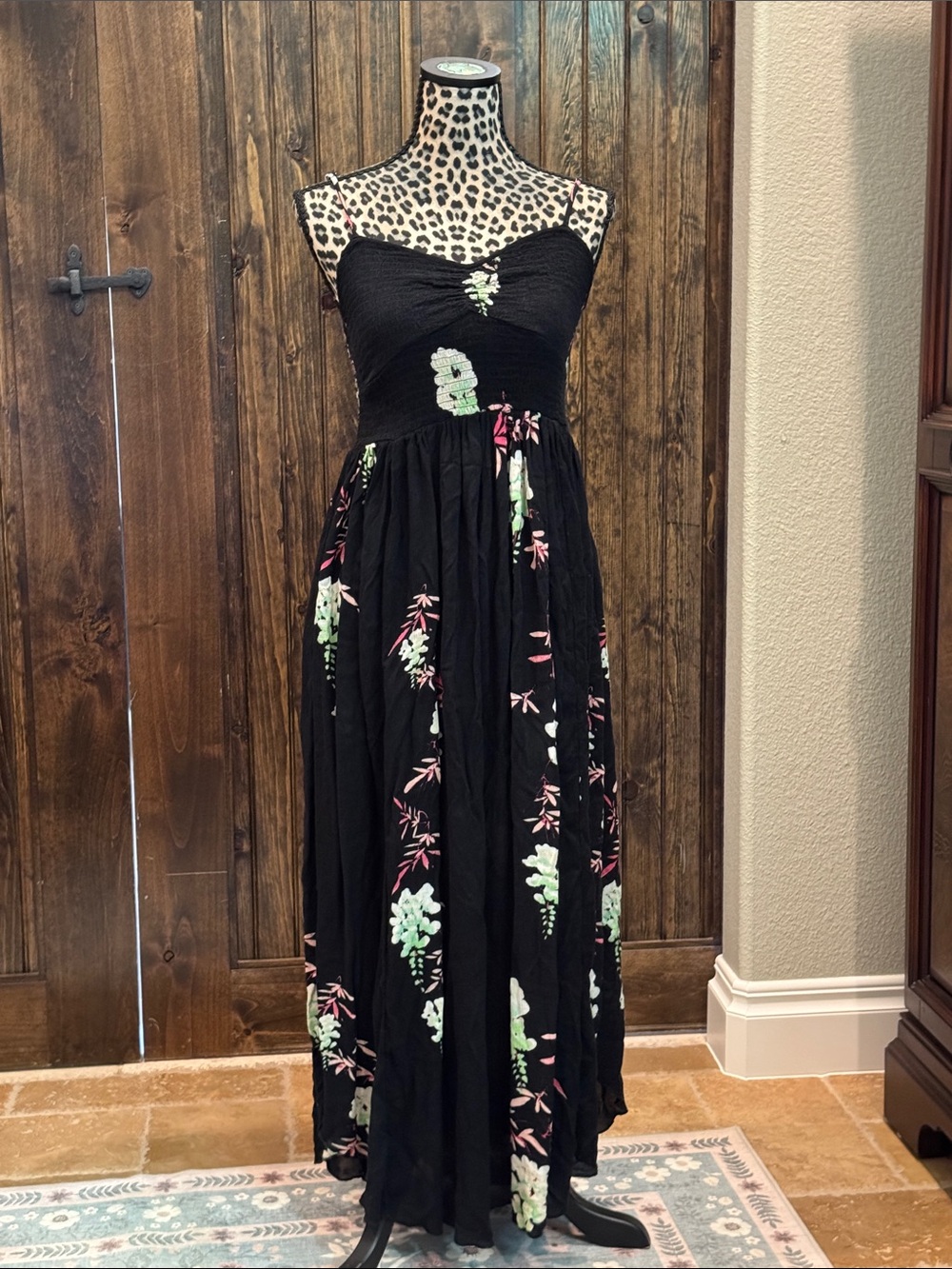 Free People Black Maxi Dress with Mint Green & Pink Floral Accents
